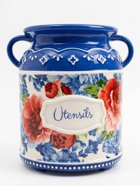 Pioneer Woman Heritage Floral Stoneware Utensil Holder Blue New
